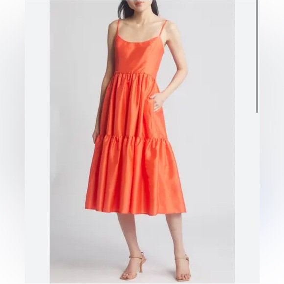 HUTCH Tommy Tiered Sleeveless Organza Midi Dress Orange Simple Cayenne Boho - M - Picture 3 of 11